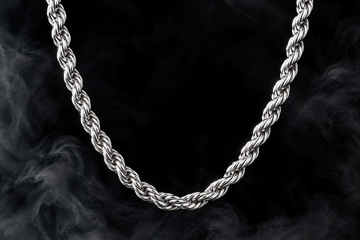 The Saintarini Rope Chain in white gold — premium twisted links on a dark backdrop (placeholder image, to be replaced with the production photograph)