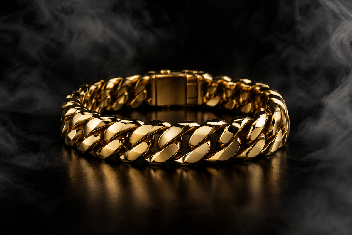 The Saintarini Cuban Bracelet — tightly interlocking gold links on a dark backdrop (placeholder image, to be replaced with the production photograph)