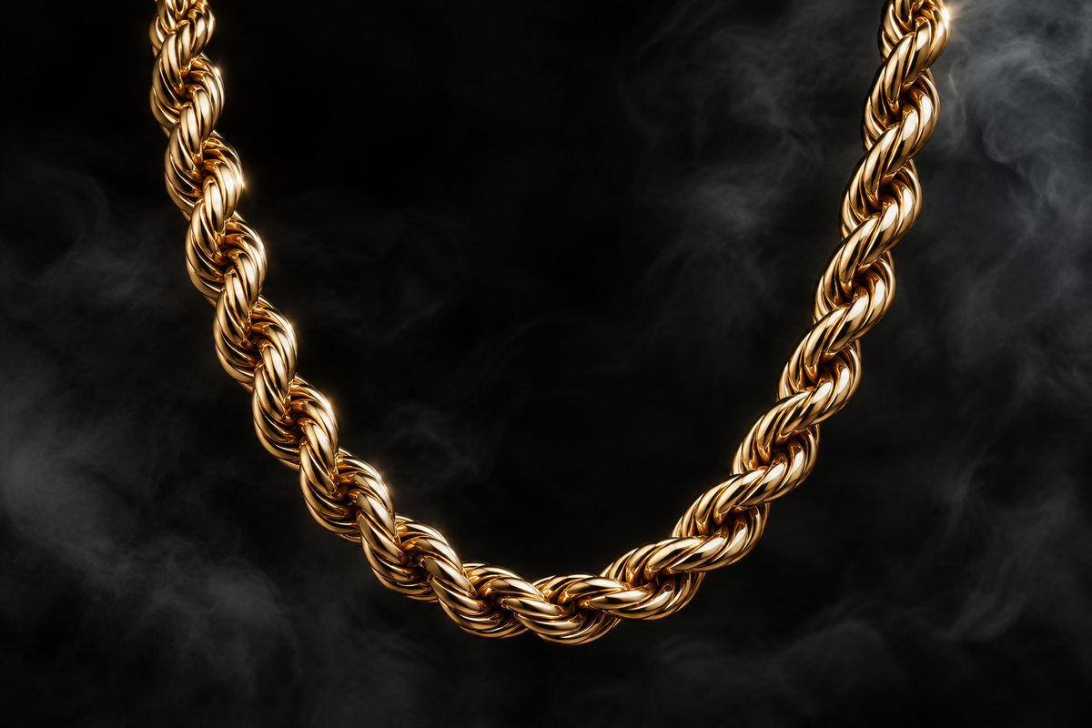 The Saintarini Rope Chain — premium twisted links with strong light reflection on a dark backdrop (placeholder image, to be replaced with the production photograph)