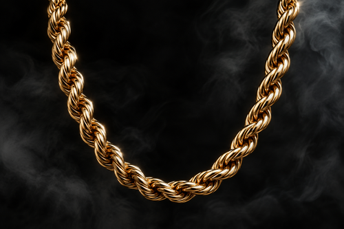 The Saintarini Rope Chain — premium twisted links with strong light reflection on a dark backdrop (placeholder image, to be replaced with the production photograph)